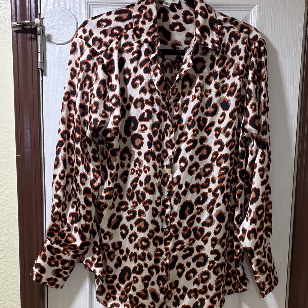 Satin Leopard Print Button-Up Blouse - White & Brown